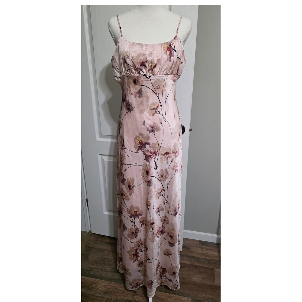 Thirty Thirty LA Pink Floral Maxi Dress XL Empire Waist Satin Ruched Floral MOB